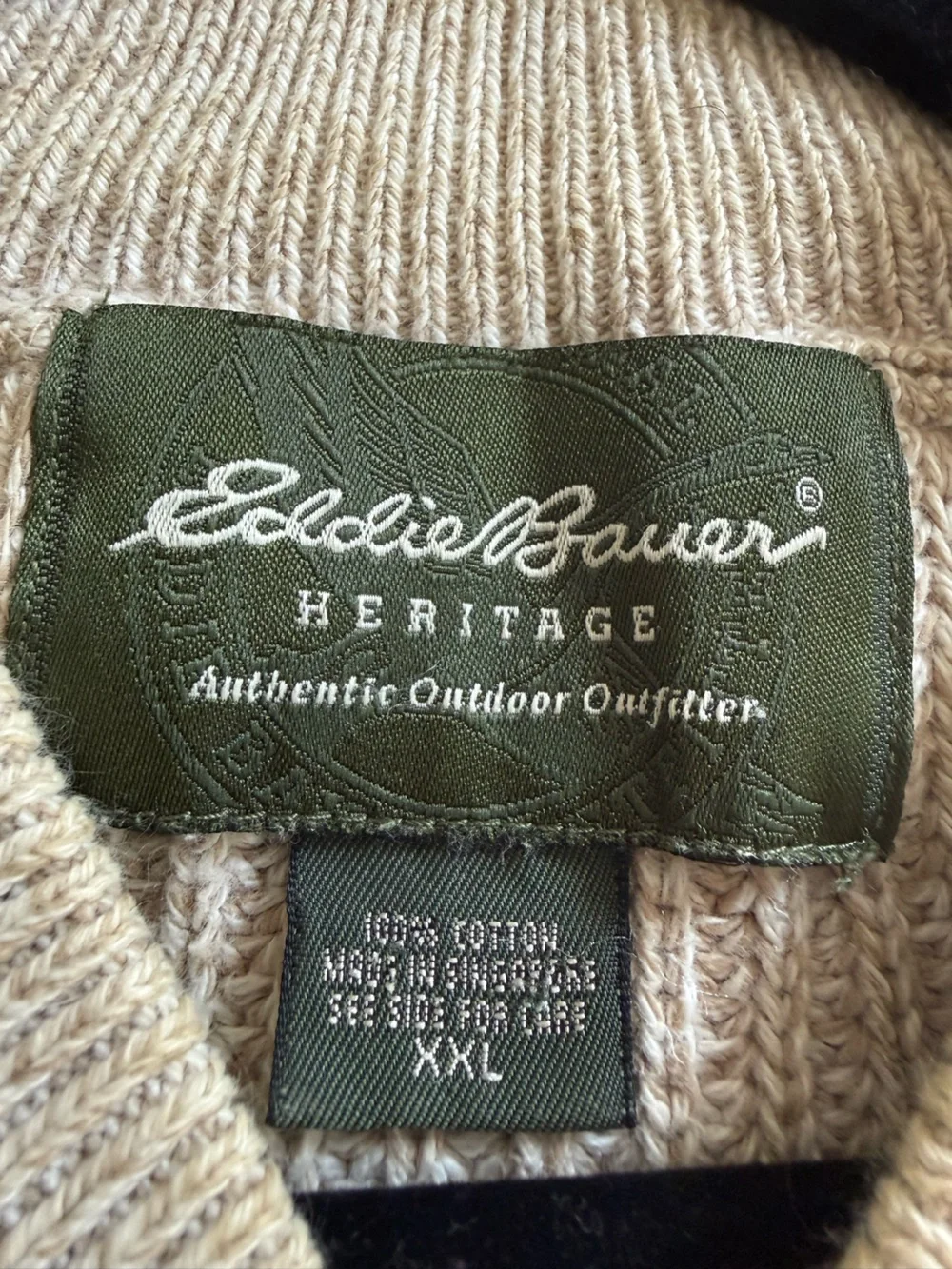 Eddie Bauer Men's Vintage Beige Cream Henley Knit Sweater 100% Cotton XXL